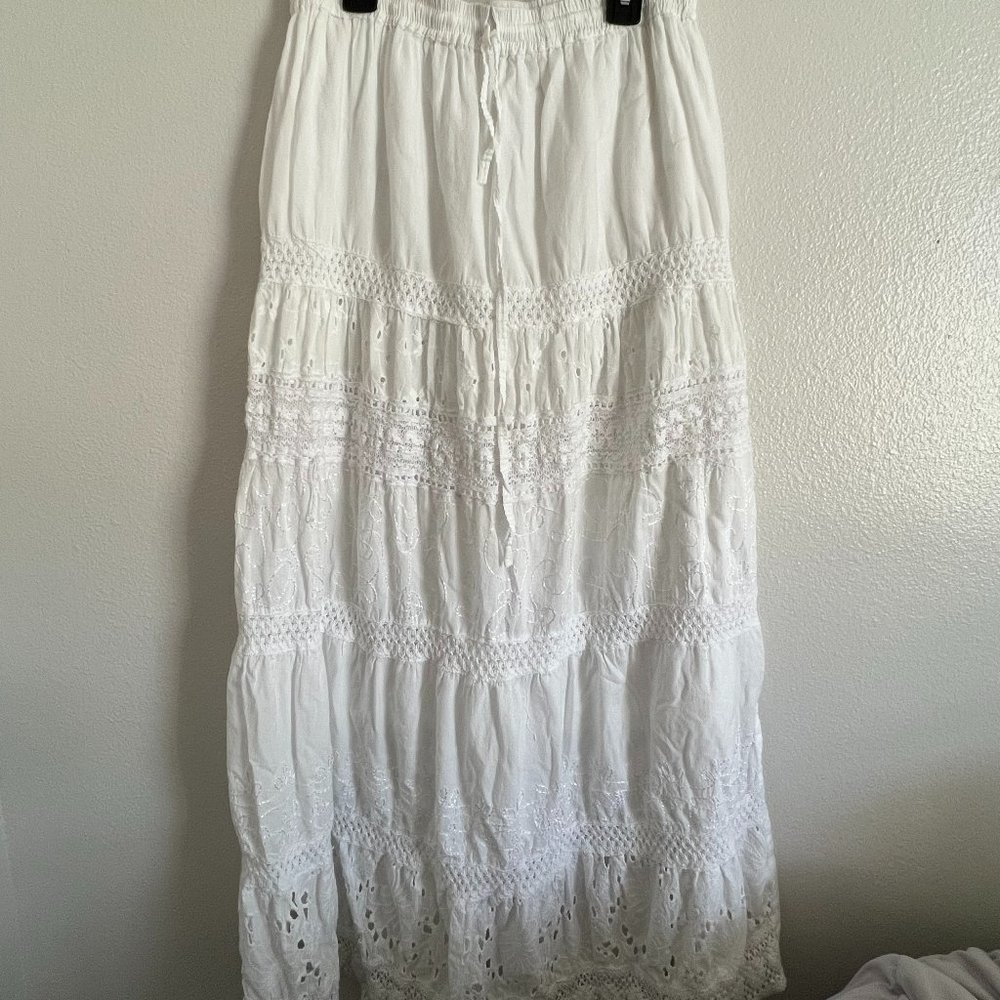 white laced tiered maxi skirt
